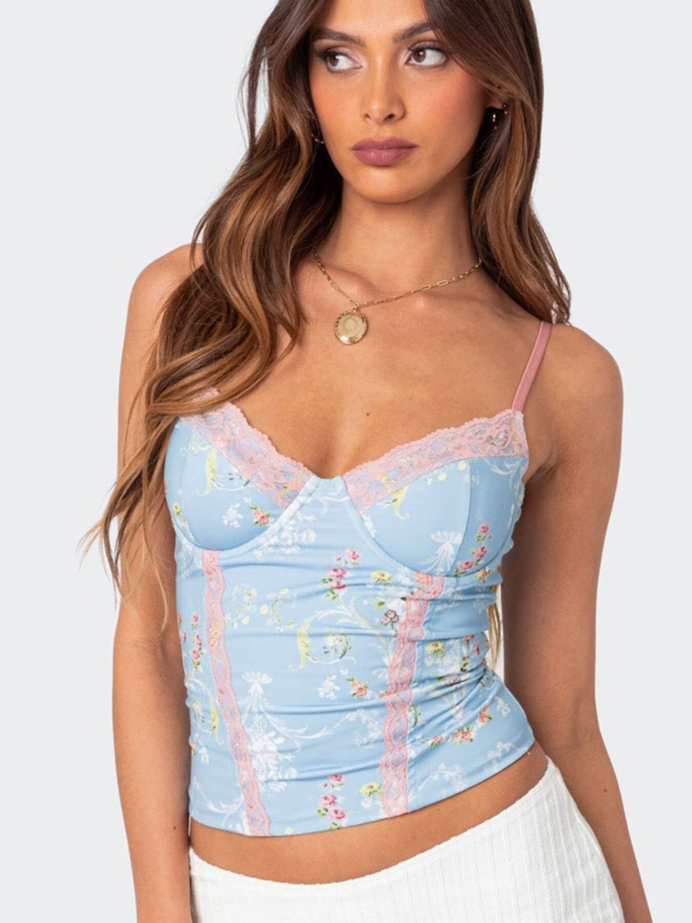 Edikted Multi Floral Lace-Up Corset Top